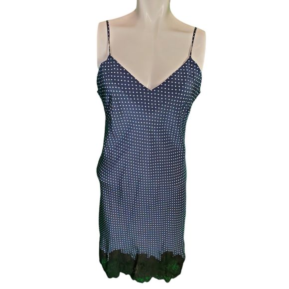 Gold Hawk Silk Lace Slip Dress Polka Dot Spaghetti Strap Sweetheart Navy Sz S-L - Picture 1 of 7